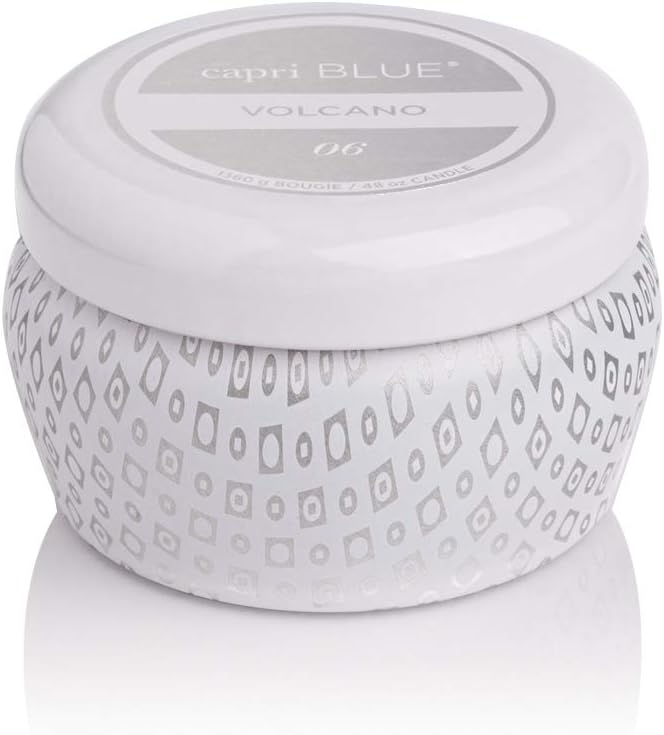 Capri Blue Volcano scented candle in a white patterned jar with matching lid, luxury home fragrance gift idea