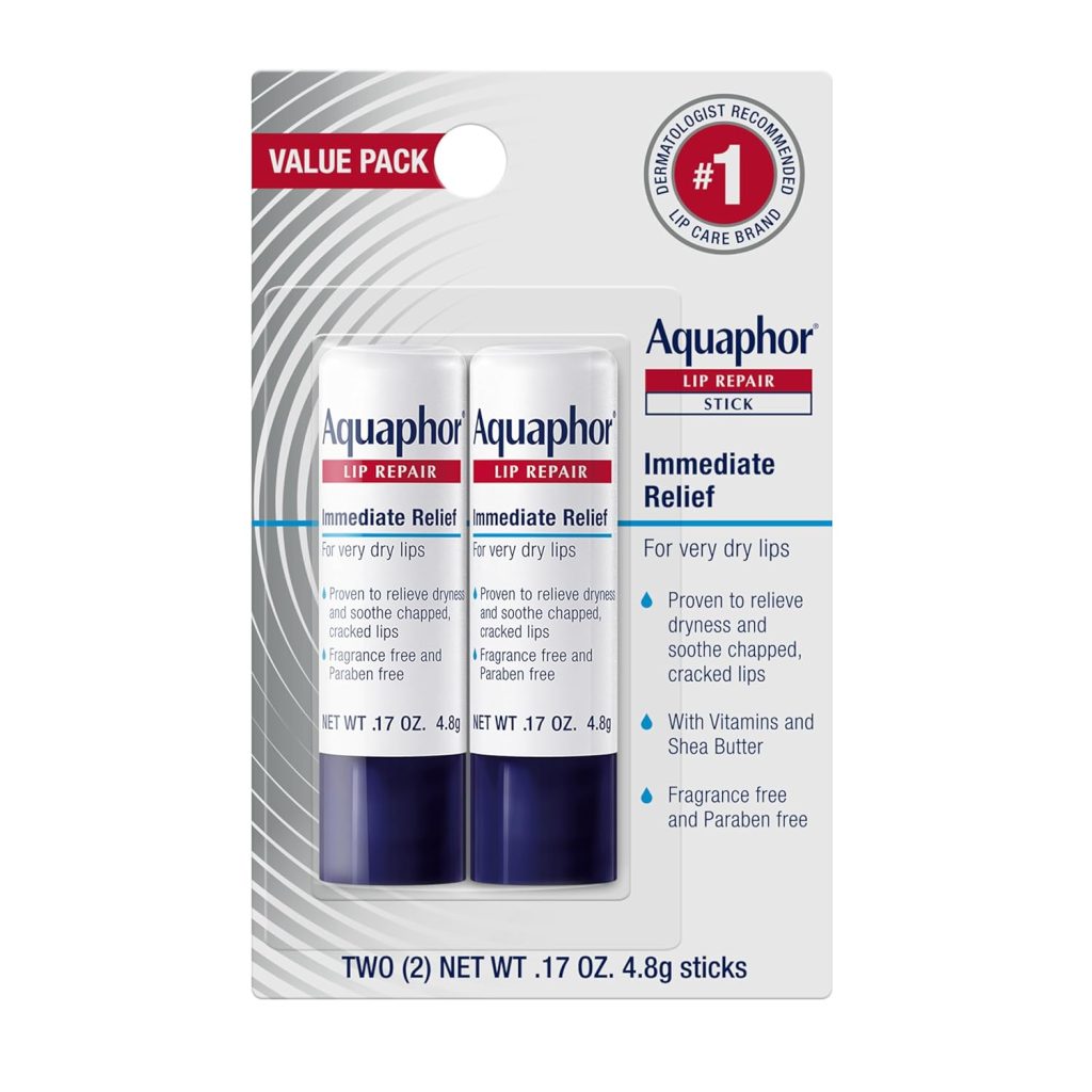 Aquaphor Lip Repair Stick value pack with two sticks for immediate relief of very dry, chapped, and cracked lips, fragrance-free and enriched with vitamins and shea butter.
