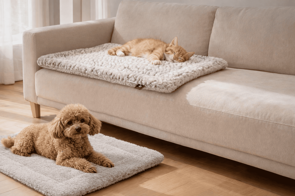 Sleepy ginger cat and curly brown poodle resting on matching plush sherpa pet mats in bright cozy living room — winter essential pet comfort gifts every pet owner needs