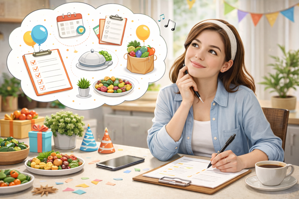 Young woman thoughtfully planning a stress-free gathering with checklist, calendar, food and party décor thought bubble — smart preparation guide for hosting a perfect celebration