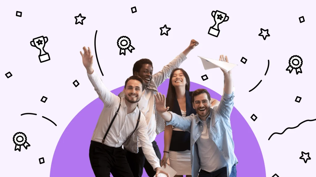 Diverse group of four excited friends celebrating together with raised hands, surrounded by trophy and award icons, perfect for a fun birthday party or milestone celebration concept.