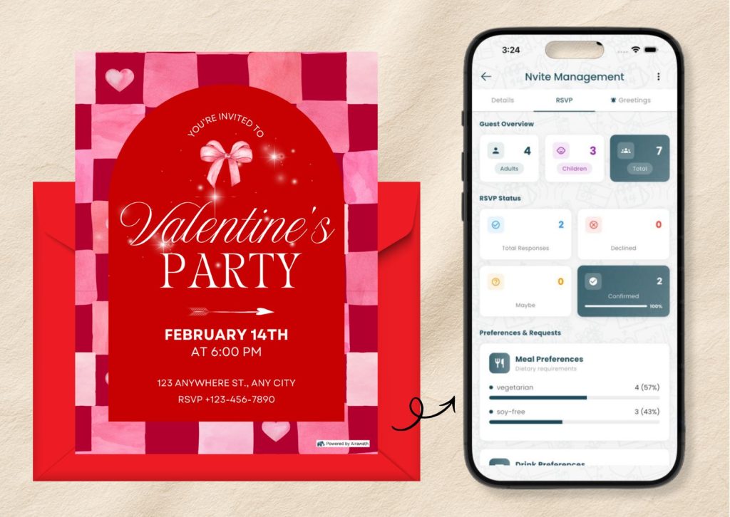 Valentine's Party digital invitation card with RSVP management app showing guest overview, meal preferences and confirmed responses — stress-free gathering planning tool for effortless event hosting"