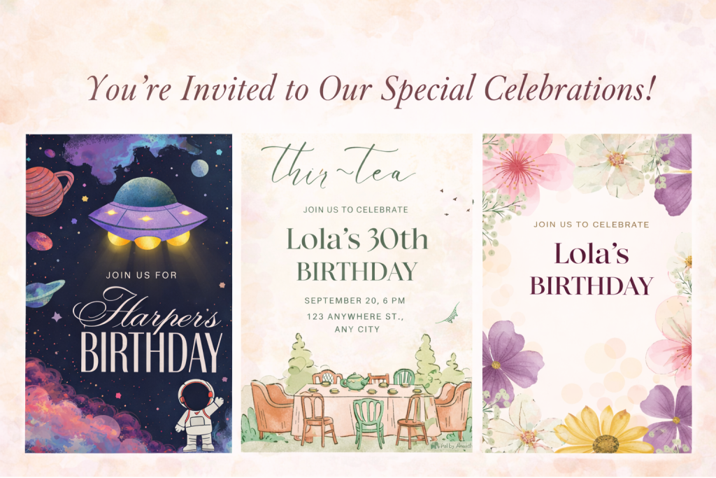 Three creative birthday party invitation designs including a space-themed kids invite, an elegant garden tea party invite for a 30th birthday, and a watercolor floral birthday invitation for women.
