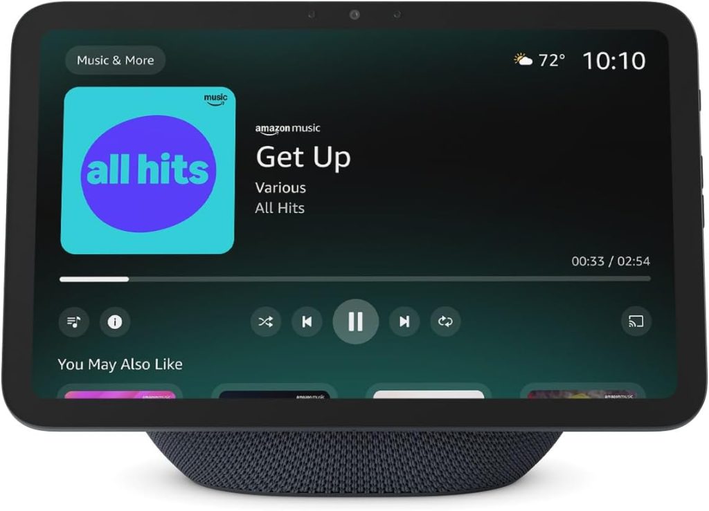 Amazon Echo Show 10 smart display with Alexa playing Amazon Music, a versatile smart home gift for women who love music, entertainment and hands-free convenience.
