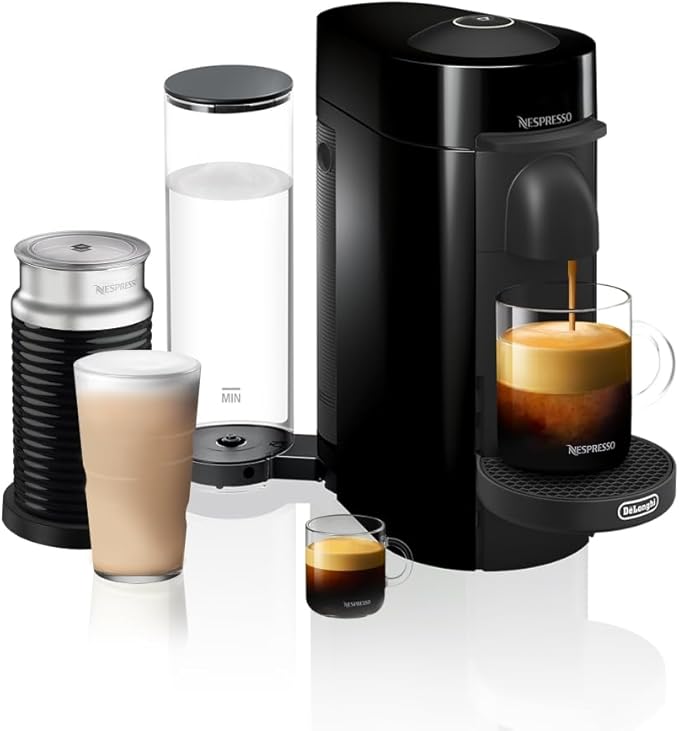 Nespresso VertuoPlus coffee and espresso machine in black with Aeroccino milk frother by De'Longhi, a premium coffee lover's gift for women who enjoy café-quality drinks at home.