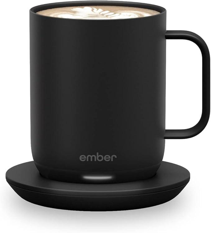 Ember smart temperature control mug in matte black with charging coaster, keeping coffee at the perfect temperature — a premium everyday gift for women.