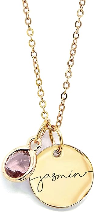Gold personalized name disc necklace with pink birthstone charm, a meaningful and elegant gift for women.