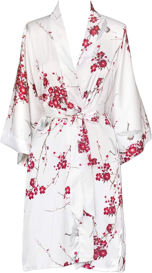 White satin kimono robe with red cherry blossom and crane print, a luxurious and elegant loungewear gift for women for birthdays, anniversaries and self-care.