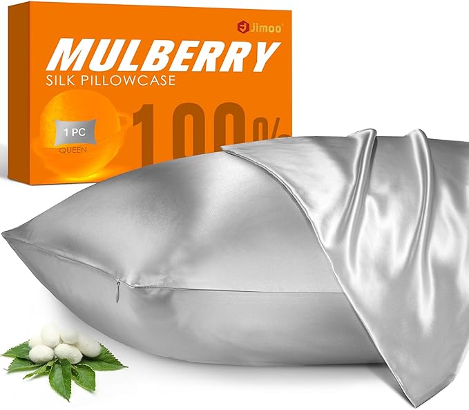 Jimoo 100% mulberry silk pillowcase in silver queen size, a luxurious hair and skin care bedding gift for women who prioritize beauty sleep and self-care.