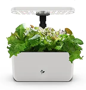 Indoor hydroponic herb garden kit with LED grow light and fresh lettuce, a unique and thoughtful gift for women who love cooking, plants and sustainable living.