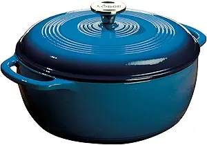 Lodge enameled cast iron Dutch oven in cobalt blue, a durable and versatile kitchen gift for women who love cooking and home entertaining.