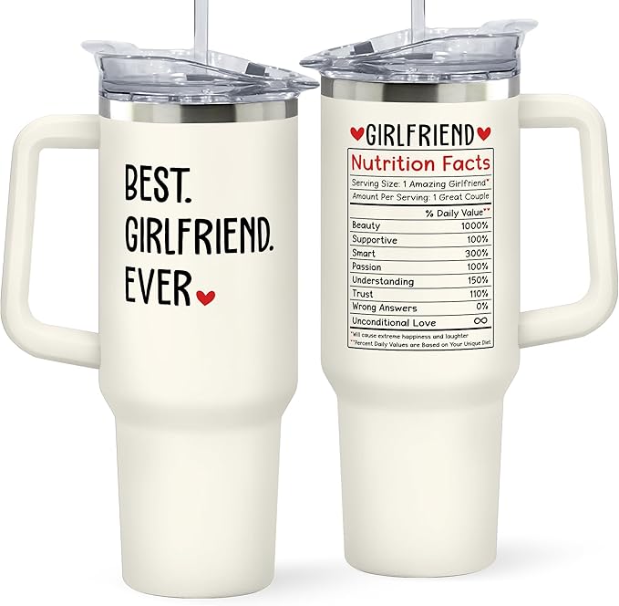 Best Girlfriend Ever insulated travel mug with handle and straw, featuring a playful “Girlfriend Nutrition Facts” design, a cute and romantic gift for girlfriend.
