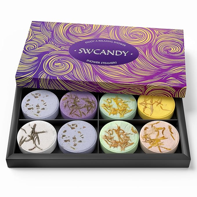 SWCANDY aromatherapy shower steamers gift set of 8 in luxury purple box, a relaxing spa self-care gift for women for birthdays, Mother's Day and Women's Day.