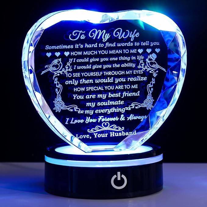 Best romantic gift for wife – heart-shaped crystal LED lamp with engraved love message.