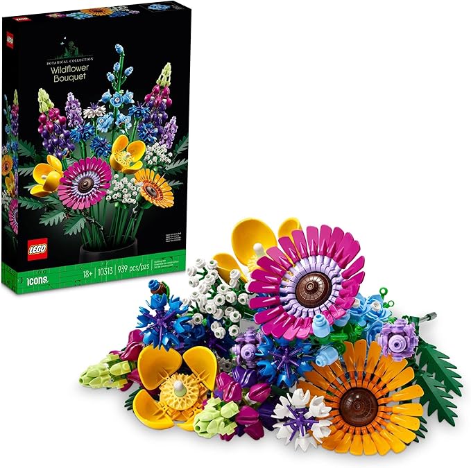 LEGO Icons Wildflower Bouquet set with 939 pieces featuring colorful buildable flowers, a creative and long-lasting gift for women and adult LEGO fans.