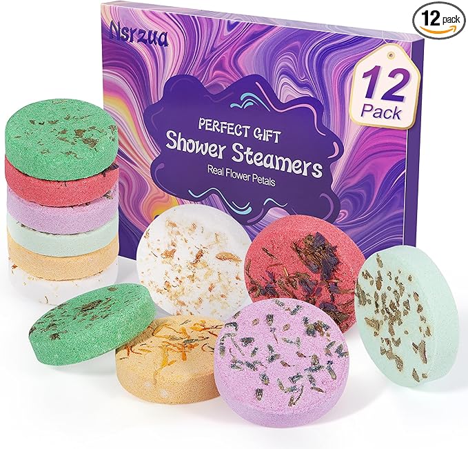 Aromatherapy shower steamers gift set with 12 colorful tablets and real flower petals, a relaxing self-care gift idea for women.