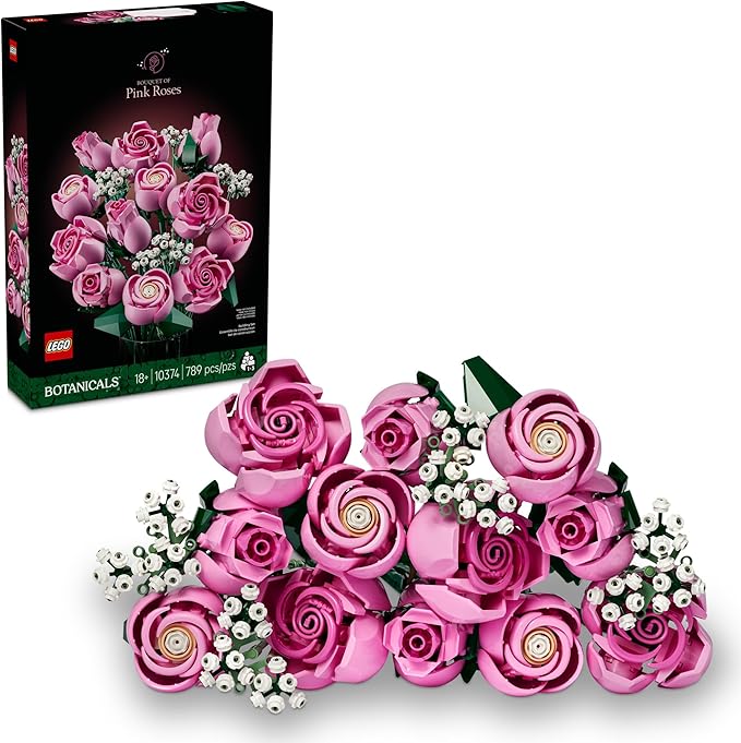 LEGO Botanicals Pink Roses Bouquet set with 789 pieces, a buildable and lasting floral gift for women and adults.