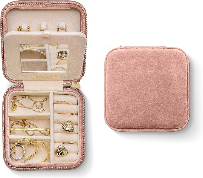 Pink velvet travel jewelry organizer case with mirror and compartments for rings, necklaces and earrings, a practical and elegant gift for women who love accessories.