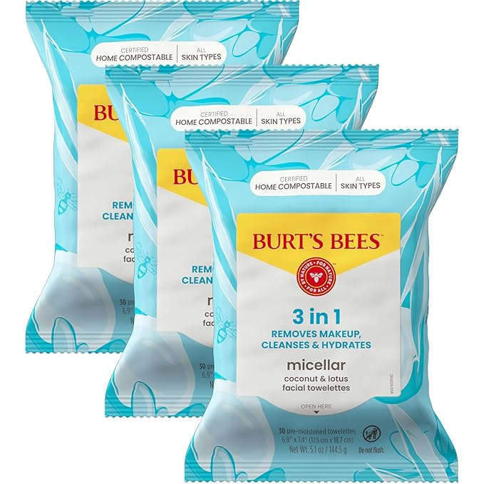 Burt's Bees 3-in-1 micellar facial towelettes with coconut and lotus, a compostable skincare essential and thoughtful self-care gift for women.