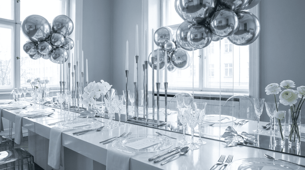 A modern luxury wedding setup featuring silver and chrome elements