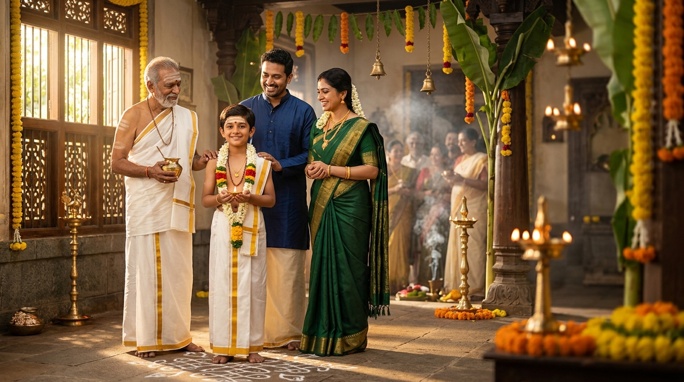 an indian family celebrating dhoti ceremony in their home